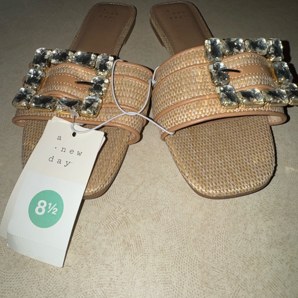a new day Tan Jeweled Buckle Woven Slide Sandals